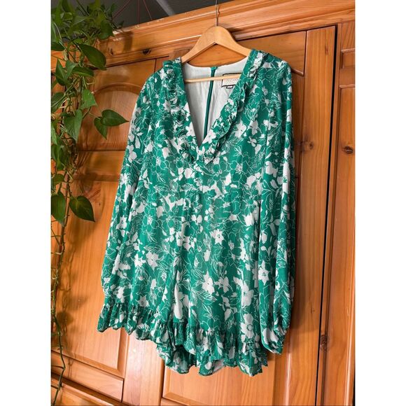 Alexis Green & White Floral Long-Sleeve Ruffle Romper SZ L - Picture 5 of 12
